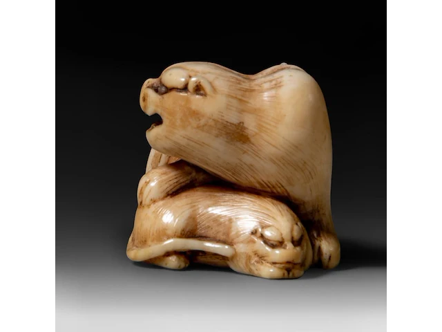 A japanese ivory netsuke of a tiger with a cub, signed, edo/meiji period (19thc), h 2,8 cm - w 4 cm - d 3 cm - 21g (+) - afbeelding 3 van  7