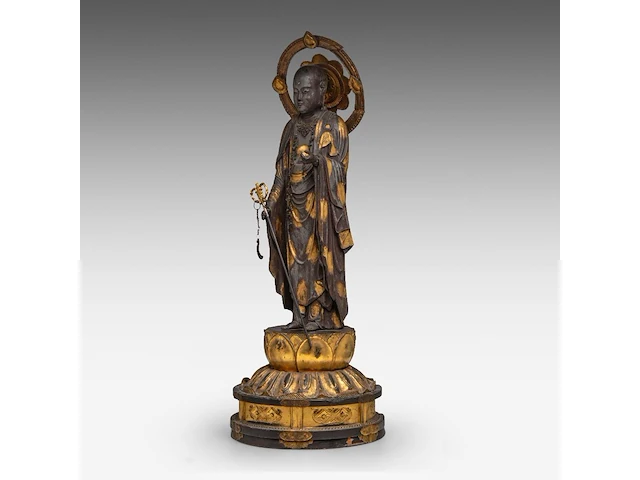 A japanese lacquered figure of jizo, bodhisattva of the earth store (ksitigarbha), late edo, total h 48,5 cm - afbeelding 2 van  8
