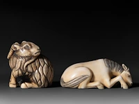 A japanese mammoth ivory netsuke of a goat, early meiji, 3,3 x 3,5 cm - 28 g - a marine ivory netsuke of a horse, early meiji, 5,6 x 2,2 cm - 25,2 g