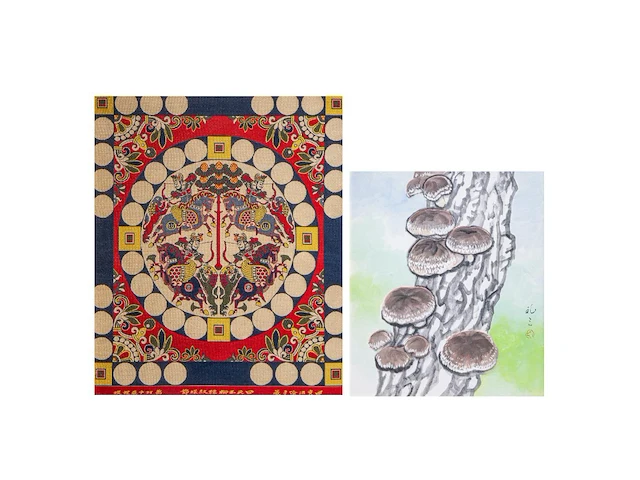 A japanese painting, colour on paper, 'reishi (lingzhi mushroom)', framed 66 x 74,5 cm - a japanese nishijin-ori brocade, framed 76 x 87 cm - afbeelding 1 van  9