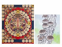 A japanese painting, colour on paper, 'reishi (lingzhi mushroom)', framed 66 x 74,5 cm - a japanese nishijin-ori brocade, framed 76 x 87 cm