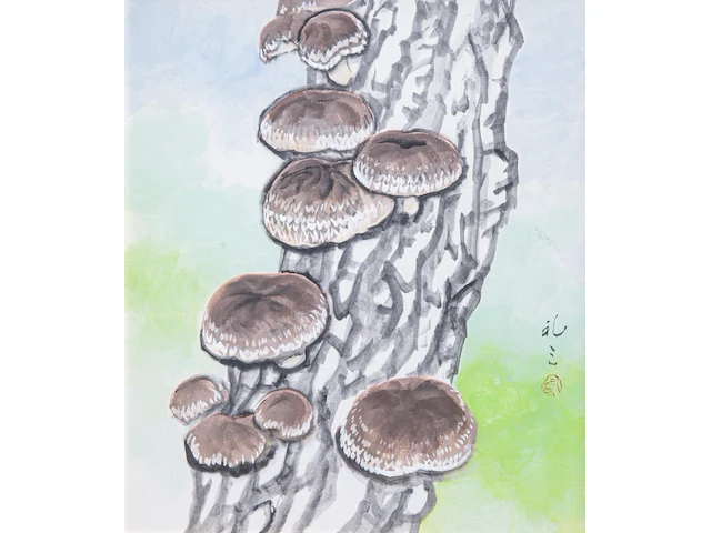 A japanese painting, colour on paper, 'reishi (lingzhi mushroom)', framed 66 x 74,5 cm - a japanese nishijin-ori brocade, framed 76 x 87 cm - afbeelding 7 van  9