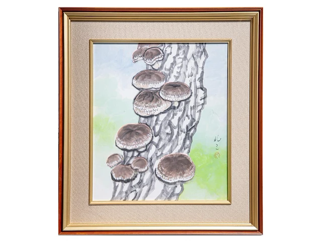 A japanese painting, colour on paper, 'reishi (lingzhi mushroom)', framed 66 x 74,5 cm - a japanese nishijin-ori brocade, framed 76 x 87 cm - afbeelding 8 van  9