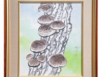 A japanese painting, colour on paper, 'reishi (lingzhi mushroom)', framed 66 x 74,5 cm - a japanese nishijin-ori brocade, framed 76 x 87 cm - afbeelding 8 van  9