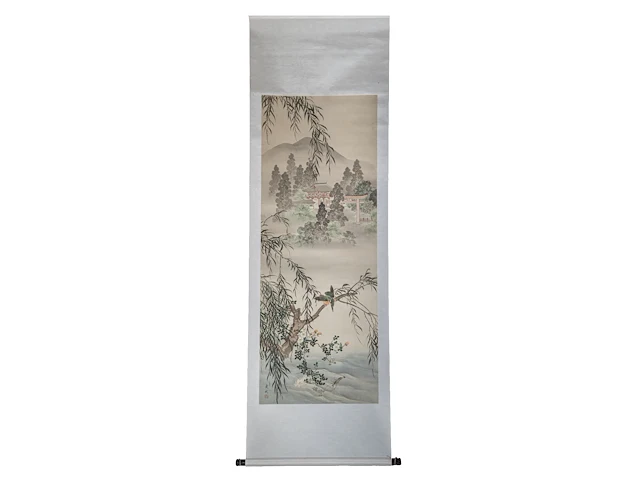 A japanese painting, 'kingfisher in a landscape', colour on paper, signed, meiji period, 56 x 146 cm - afbeelding 2 van  5