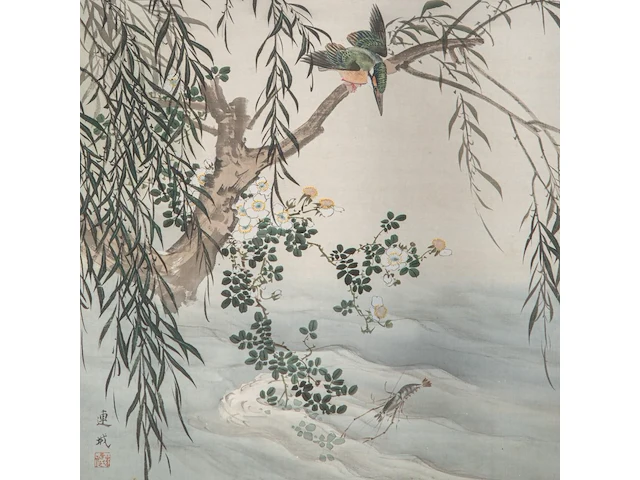 A japanese painting, 'kingfisher in a landscape', colour on paper, signed, meiji period, 56 x 146 cm - afbeelding 4 van  5