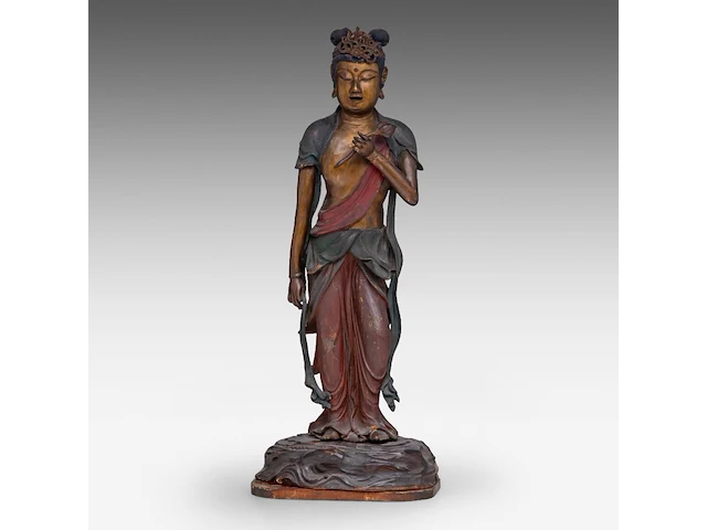 A japanese polychrome lacquered standing figure of sho kannon bosatsu, late meiji, total h 53 cm - fitted in a zushi portable shrine, h 57,5 - 22 x 21 cm - afbeelding 6 van  13