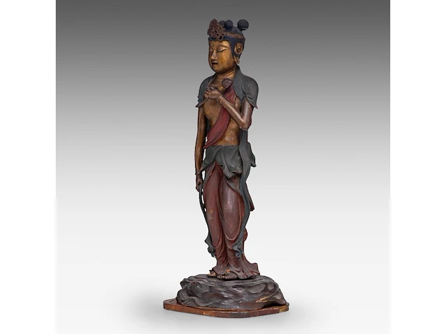 A japanese polychrome lacquered standing figure of sho kannon bosatsu, late meiji, total h 53 cm - fitted in a zushi portable shrine, h 57,5 - 22 x 21 cm - afbeelding 7 van  13