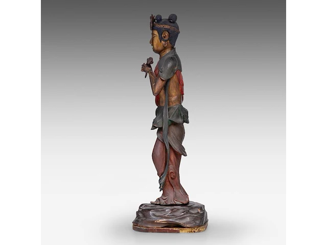 A japanese polychrome lacquered standing figure of sho kannon bosatsu, late meiji, total h 53 cm - fitted in a zushi portable shrine, h 57,5 - 22 x 21 cm - afbeelding 8 van  13