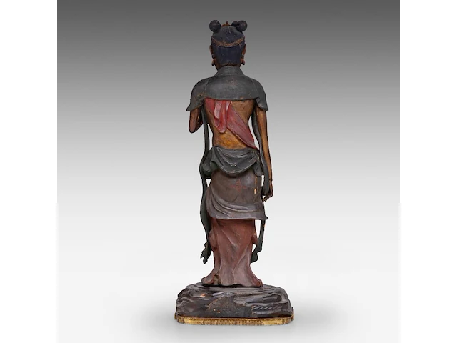 A japanese polychrome lacquered standing figure of sho kannon bosatsu, late meiji, total h 53 cm - fitted in a zushi portable shrine, h 57,5 - 22 x 21 cm - afbeelding 9 van  13