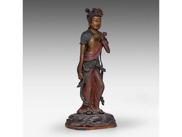 A japanese polychrome lacquered standing figure of sho kannon bosatsu, late meiji, total h 53 cm - fitted in a zushi portable shrine, h 57,5 - 22 x 21 cm - afbeelding 11 van  13