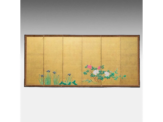 A japanese six-panel byobu folding screen, 'iris and peonies', colour on gold leaf, meiji period (19thc), 172,5 x 379,5 cm - afbeelding 1 van  7