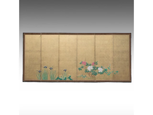 A japanese six-panel byobu folding screen, 'iris and peonies', colour on gold leaf, meiji period (19thc), 172,5 x 379,5 cm - afbeelding 2 van  7