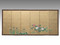 A japanese six-panel byobu folding screen, 'iris and peonies', colour on gold leaf, meiji period (19thc), 172,5 x 379,5 cm - afbeelding 2 van  7