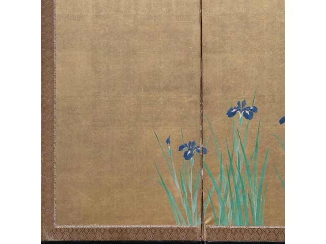 A japanese six-panel byobu folding screen, 'iris and peonies', colour on gold leaf, meiji period (19thc), 172,5 x 379,5 cm - afbeelding 4 van  7