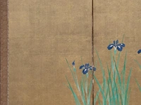 A japanese six-panel byobu folding screen, 'iris and peonies', colour on gold leaf, meiji period (19thc), 172,5 x 379,5 cm - afbeelding 4 van  7