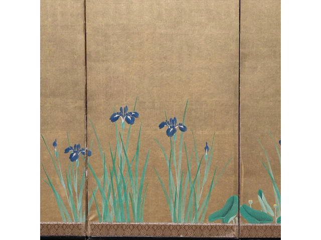 A japanese six-panel byobu folding screen, 'iris and peonies', colour on gold leaf, meiji period (19thc), 172,5 x 379,5 cm - afbeelding 5 van  7
