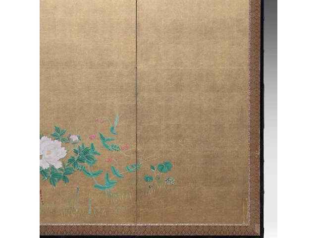 A japanese six-panel byobu folding screen, 'iris and peonies', colour on gold leaf, meiji period (19thc), 172,5 x 379,5 cm - afbeelding 7 van  7