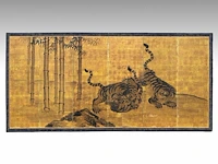 A japanese six-panel byobu folding screen, 'tigers in a bamboo grove', ink on gold leaf, artist's seals, meiji period (late 19thc), 174 x 372,5 cm