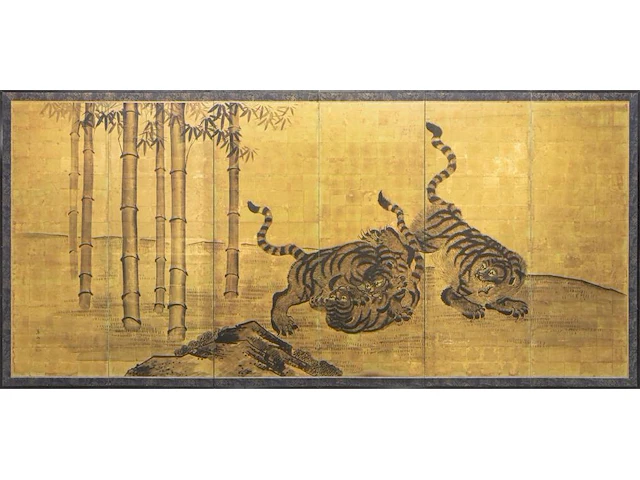 A japanese six-panel byobu folding screen, 'tigers in a bamboo grove', ink on gold leaf, artist's seals, meiji period (late 19thc), 174 x 372,5 cm - afbeelding 2 van  7