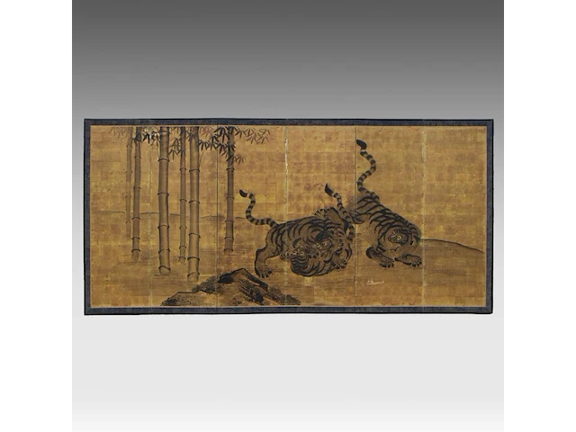 A japanese six-panel byobu folding screen, 'tigers in a bamboo grove', ink on gold leaf, artist's seals, meiji period (late 19thc), 174 x 372,5 cm - afbeelding 3 van  7