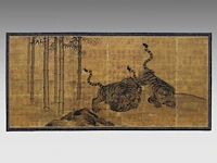 A japanese six-panel byobu folding screen, 'tigers in a bamboo grove', ink on gold leaf, artist's seals, meiji period (late 19thc), 174 x 372,5 cm - afbeelding 3 van  7