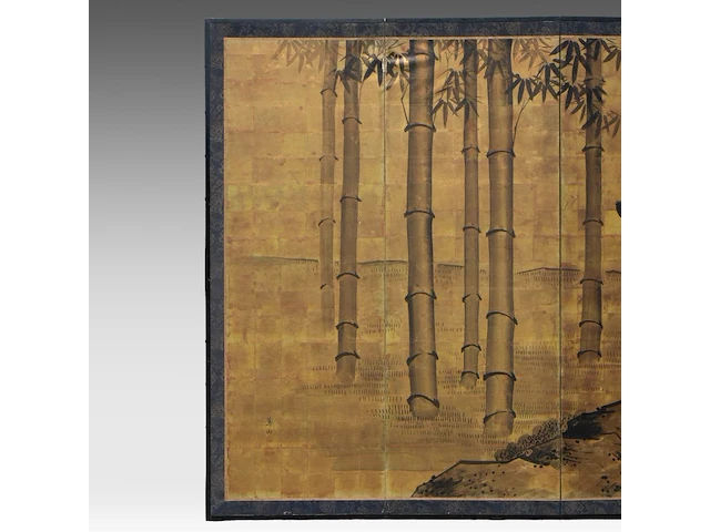 A japanese six-panel byobu folding screen, 'tigers in a bamboo grove', ink on gold leaf, artist's seals, meiji period (late 19thc), 174 x 372,5 cm - afbeelding 5 van  7