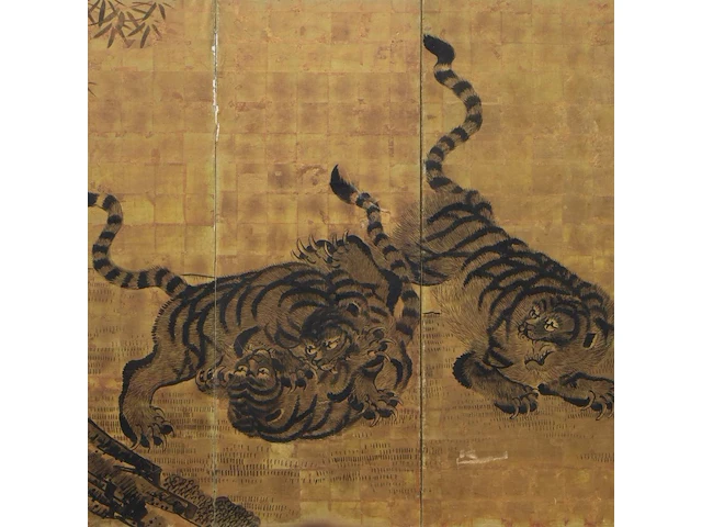A japanese six-panel byobu folding screen, 'tigers in a bamboo grove', ink on gold leaf, artist's seals, meiji period (late 19thc), 174 x 372,5 cm - afbeelding 6 van  7