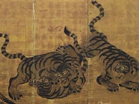 A japanese six-panel byobu folding screen, 'tigers in a bamboo grove', ink on gold leaf, artist's seals, meiji period (late 19thc), 174 x 372,5 cm - afbeelding 6 van  7