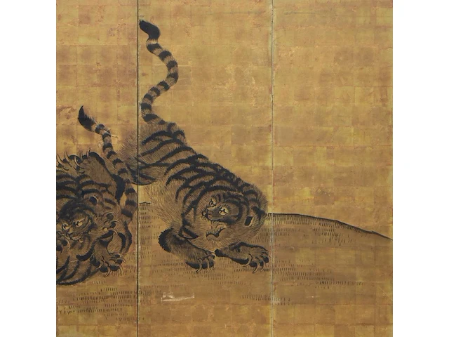 A japanese six-panel byobu folding screen, 'tigers in a bamboo grove', ink on gold leaf, artist's seals, meiji period (late 19thc), 174 x 372,5 cm - afbeelding 7 van  7