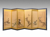 A japanese six-panel byobu folding screen with six individual 'bird and flower' paintings on a gold-leaf ground, artist's seals, late meiji period (20thc), 174 x 380 cm