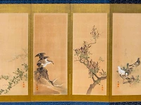A japanese six-panel byobu folding screen with six individual 'bird and flower' paintings on a gold-leaf ground, artist's seals, late meiji period (20thc), 174 x 380 cm - afbeelding 2 van  8