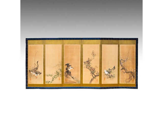A japanese six-panel byobu folding screen with six individual 'bird and flower' paintings on a gold-leaf ground, artist's seals, late meiji period (20thc), 174 x 380 cm - afbeelding 3 van  8