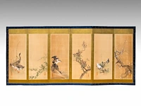 A japanese six-panel byobu folding screen with six individual 'bird and flower' paintings on a gold-leaf ground, artist's seals, late meiji period (20thc), 174 x 380 cm - afbeelding 3 van  8