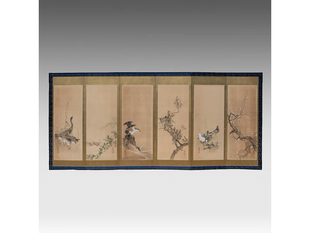 A japanese six-panel byobu folding screen with six individual 'bird and flower' paintings on a gold-leaf ground, artist's seals, late meiji period (20thc), 174 x 380 cm - afbeelding 4 van  8