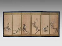 A japanese six-panel byobu folding screen with six individual 'bird and flower' paintings on a gold-leaf ground, artist's seals, late meiji period (20thc), 174 x 380 cm - afbeelding 4 van  8