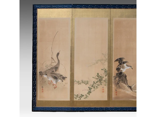 A japanese six-panel byobu folding screen with six individual 'bird and flower' paintings on a gold-leaf ground, artist's seals, late meiji period (20thc), 174 x 380 cm - afbeelding 6 van  8