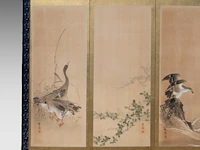 A japanese six-panel byobu folding screen with six individual 'bird and flower' paintings on a gold-leaf ground, artist's seals, late meiji period (20thc), 174 x 380 cm - afbeelding 6 van  8
