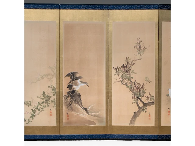 A japanese six-panel byobu folding screen with six individual 'bird and flower' paintings on a gold-leaf ground, artist's seals, late meiji period (20thc), 174 x 380 cm - afbeelding 7 van  8