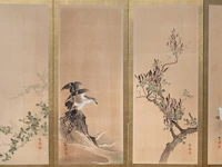 A japanese six-panel byobu folding screen with six individual 'bird and flower' paintings on a gold-leaf ground, artist's seals, late meiji period (20thc), 174 x 380 cm - afbeelding 7 van  8