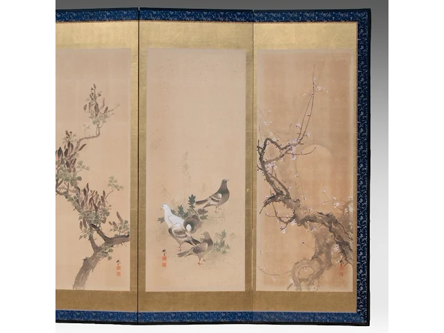 A japanese six-panel byobu folding screen with six individual 'bird and flower' paintings on a gold-leaf ground, artist's seals, late meiji period (20thc), 174 x 380 cm - afbeelding 8 van  8