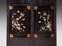 A japanese two-panel lacquered screen with shibayama inlay of bone and mother-of-pearl, depicting birds among branches, meiji period (1868-1912), h 183 cm - w 85 cm (closed)