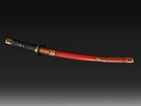 A japanese wakizashi in red lacquered saya, with menuki, kogai and kozuka, the tsuba depicting a whirling dragon, 19thc, total l 76 cm - l from habaki 49 cm