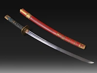 A japanese wakizashi in red lacquered saya, with menuki, kogai and kozuka, the tsuba depicting a whirling dragon, 19thc, total l 76 cm - l from habaki 49 cm - afbeelding 2 van  4
