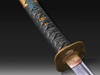 A japanese wakizashi in red lacquered saya, with menuki, kogai and kozuka, the tsuba depicting a whirling dragon, 19thc, total l 76 cm - l from habaki 49 cm - afbeelding 4 van  4