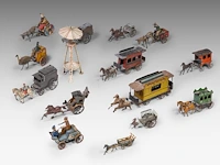 A large and interesting collection of vintage metal chariot toys, interwar period (15 pieces in total)