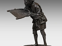 A large bronze japanese okimono of a man sifting grain, signed, meiji period (1868-1912), h 71,5 cm