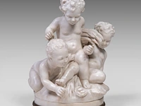 A large carrara marble group of playing putti as an allegory of harvest, 19thc 55 cm. (21.64 in.)