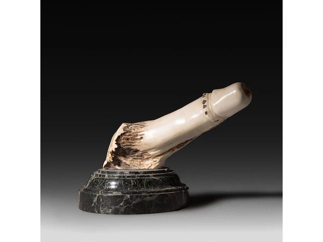 A large carved horn phallic press-papier, on a marble base, ca. 1900, h 13,5 cm (total) - l 17 cm (the phallus) - afbeelding 1 van  5