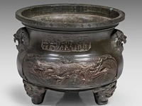 A large chinese 'dragon' tripod bronze censer with an auspicious inscription, paired with lion head handles, qing dynasty, h 32,5 - ø 39 cm
